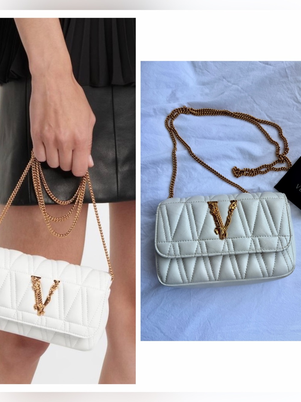 Versace White Quilted Crossbody Bag with Gold V Emblem mini